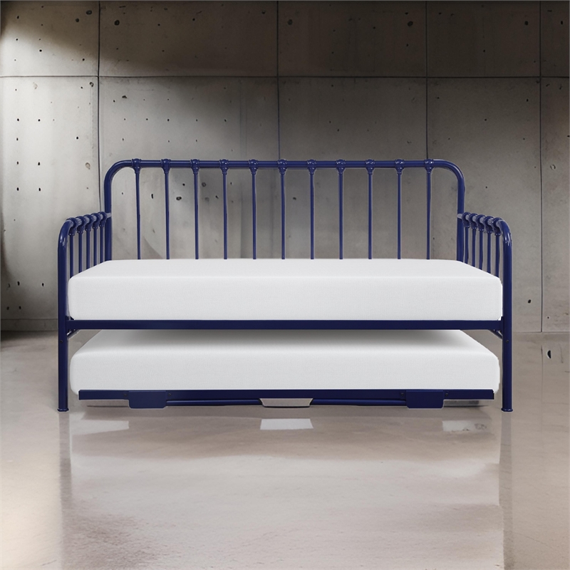 Ziva Daybed with Lift Up Trundle- Navy Blue Metal Frame- Folding Legs