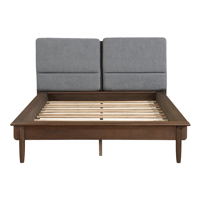 Soly Queen Size Platform Bed- Upholstered Back Panel- Brown- Dark Gray