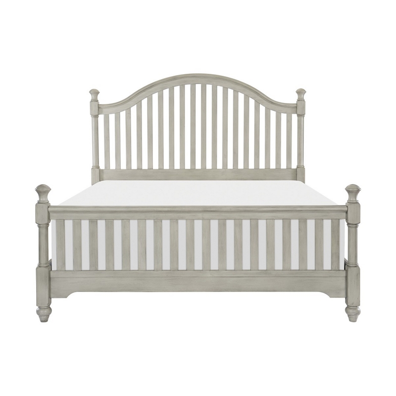 Ugo Queen Bed- Slatted Arched Headboard- Finial Accents- Gray Wood Frame