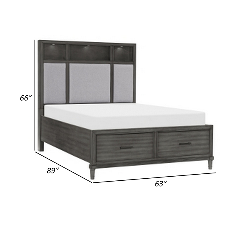 Celia Queen Platform Bed- 2 Drawers- Shelves on Headboard- Pebble Gray