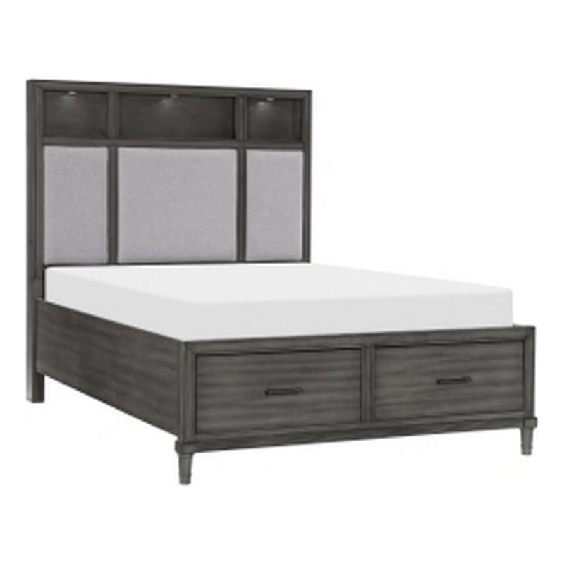 Celia Queen Platform Bed- 2 Drawers- Shelves on Headboard- Pebble Gray