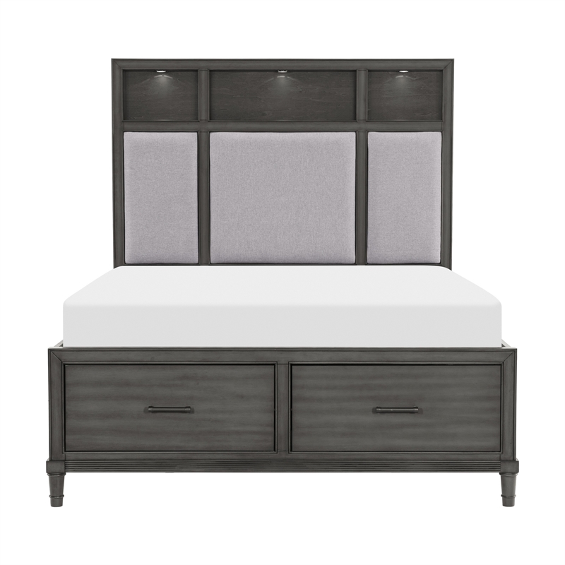 Celia Queen Platform Bed- 2 Drawers- Shelves on Headboard- Pebble Gray