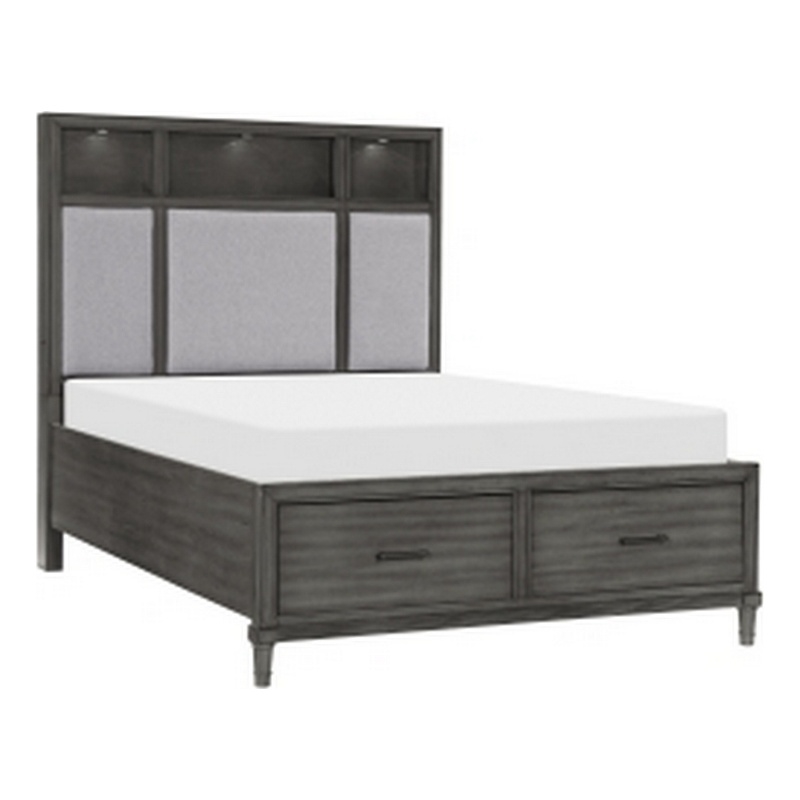 Celia Queen Platform Bed- 2 Drawers- Shelves on Headboard- Pebble Gray