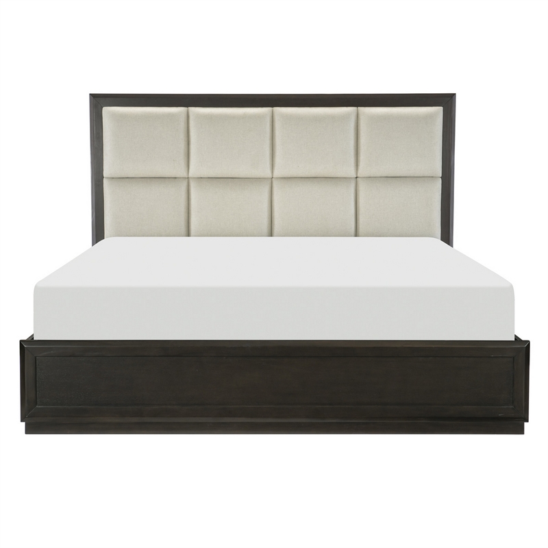 Pagi Queen Platform Bed- Beige Upholstered Headboard- Dark Charcoal Gray