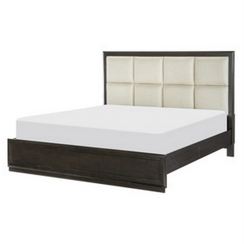 Pagi Queen Platform Bed- Beige Upholstered Headboard- Dark Charcoal Gray