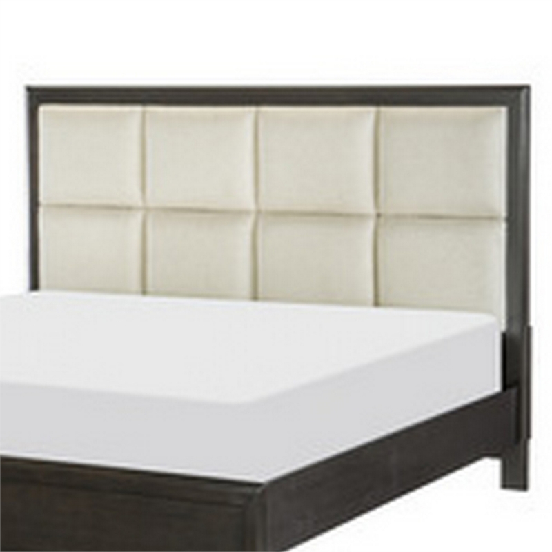 Pagi Queen Platform Bed- Beige Upholstered Headboard- Dark Charcoal Gray