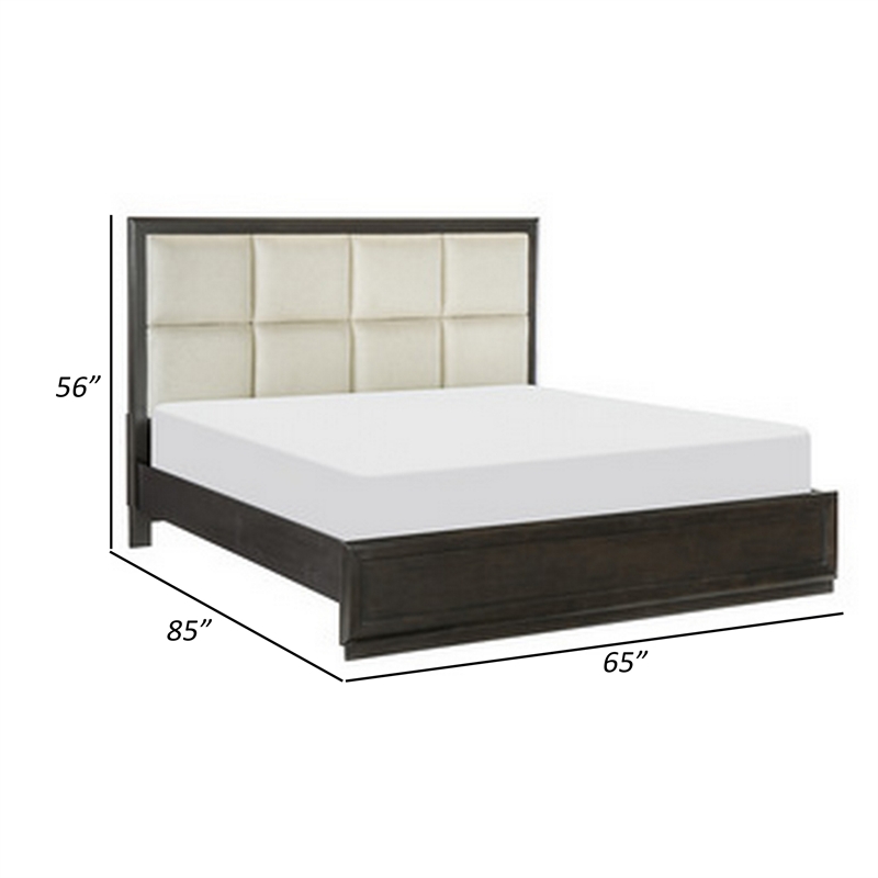 Pagi Queen Platform Bed- Beige Upholstered Headboard- Dark Charcoal Gray