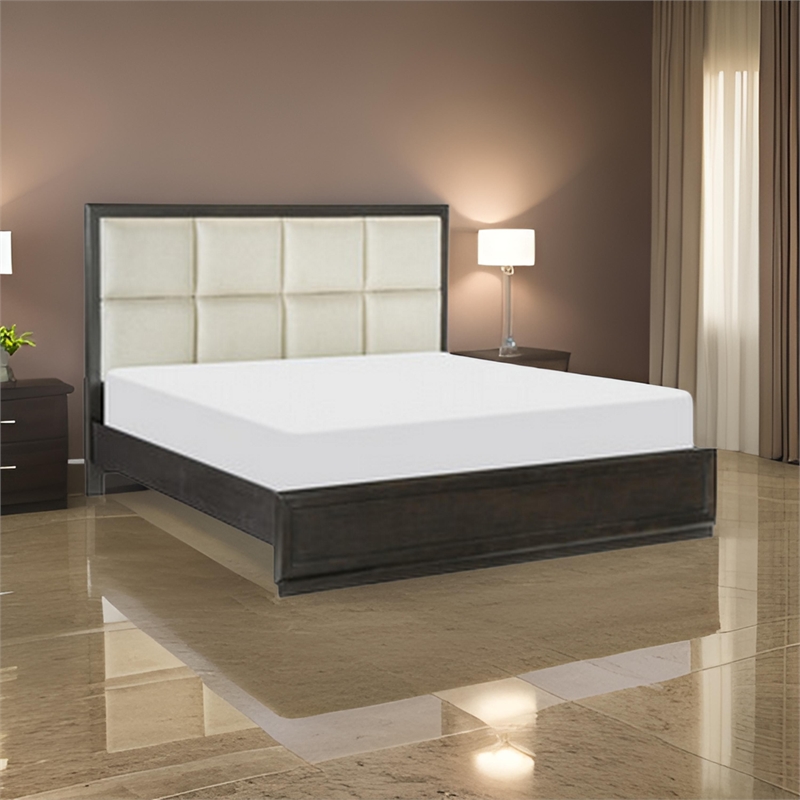 Pagi Queen Platform Bed- Beige Upholstered Headboard- Dark Charcoal Gray