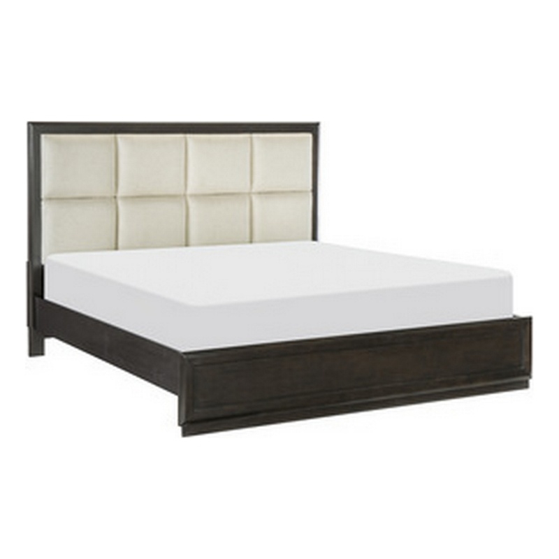 Pagi Queen Platform Bed- Beige Upholstered Headboard- Dark Charcoal Gray
