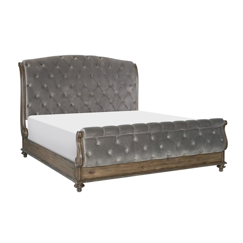Chantel 4 Pc Queen Bedroom Set- Velvet Sleigh Design- Weathered Wood