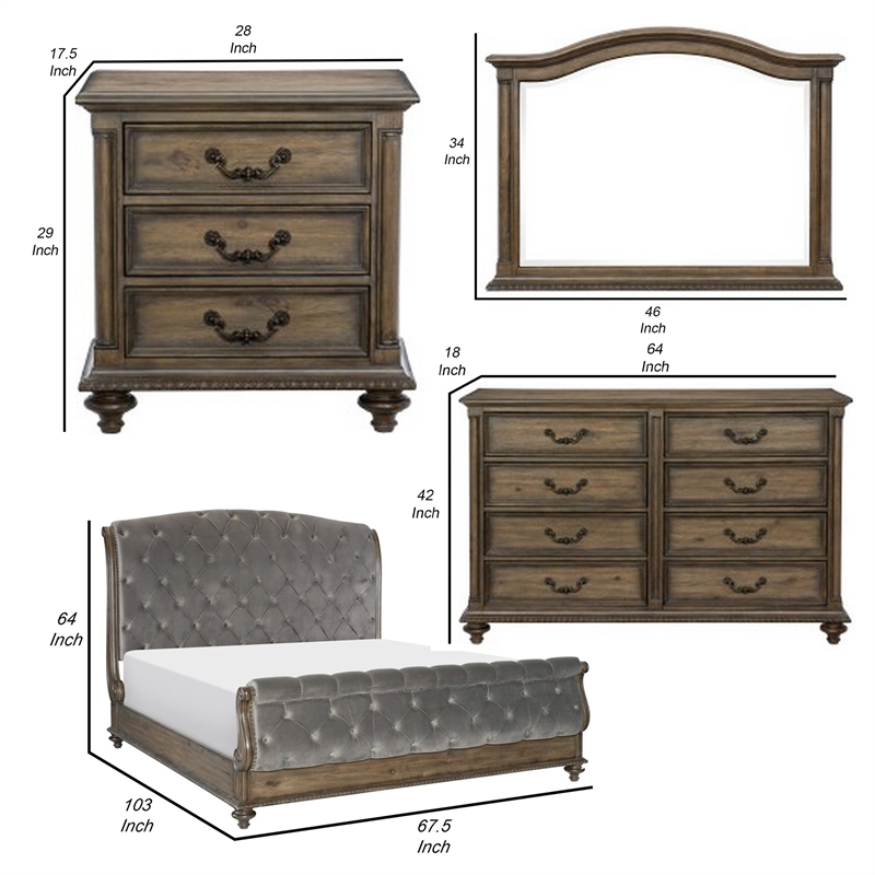 Chantel 4 Pc Queen Bedroom Set- Velvet Sleigh Design- Weathered Wood
