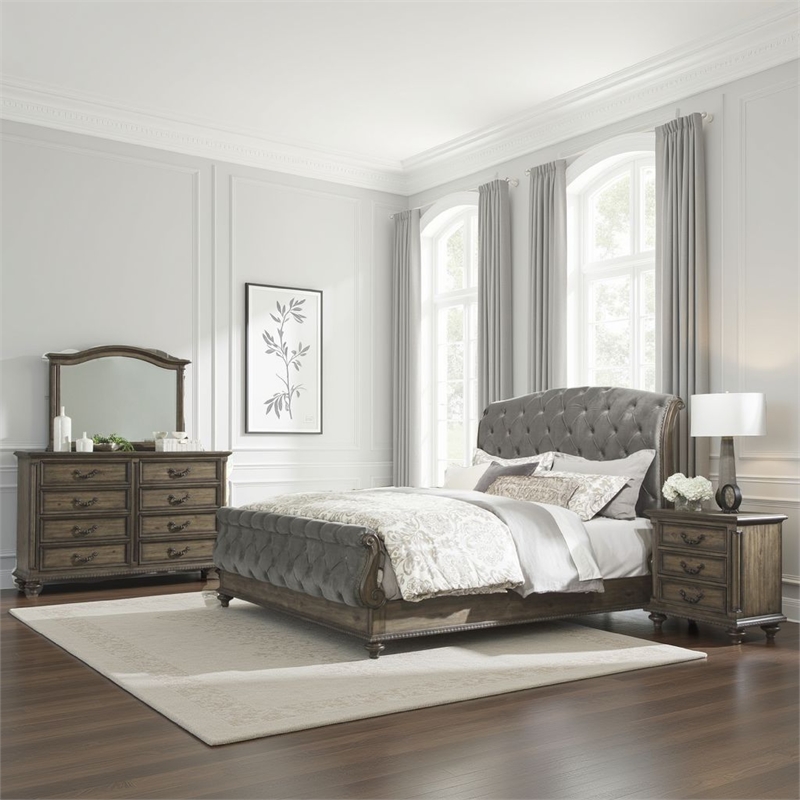 Chantel 4 Pc Queen Bedroom Set- Velvet Sleigh Design- Weathered Wood