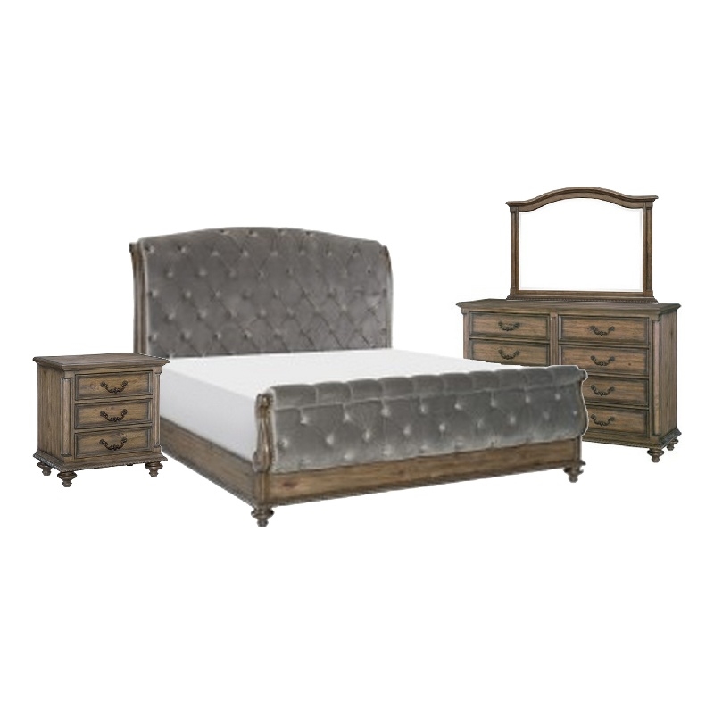Chantel 4 Pc Queen Bedroom Set- Velvet Sleigh Design- Weathered Wood