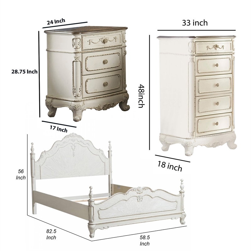 Prin 3 Pc Full Size Bedroom Set- Ornate Carvings- Antique White- Traditional