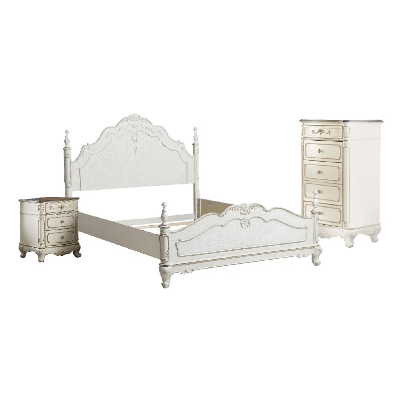 Prin 3 Pc Full Size Bedroom Set- Ornate Carvings- Antique White- Traditional