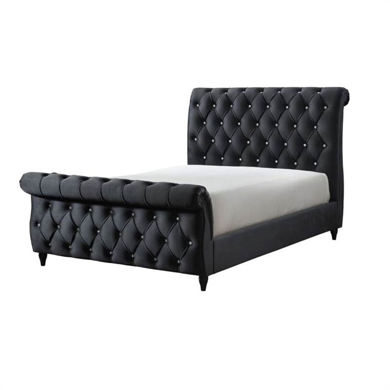 Ellowen King Size Sleigh Bed- Diamond Tufted- Black Velvet Upholstery
