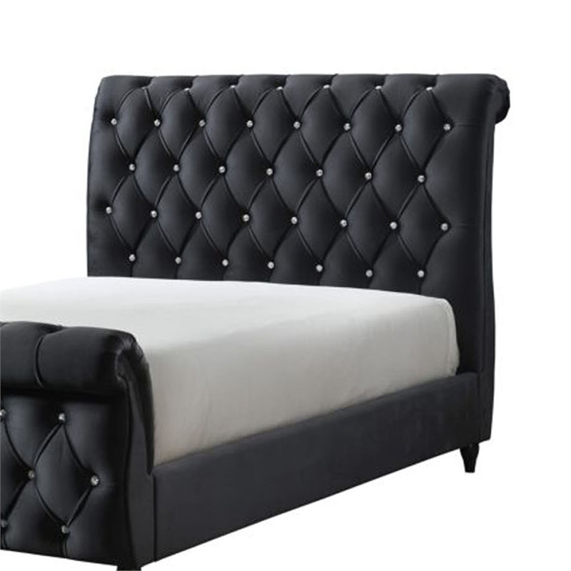 Ellowen King Size Sleigh Bed- Diamond Tufted- Black Velvet Upholstery