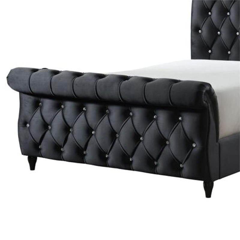 Ellowen King Size Sleigh Bed- Diamond Tufted- Black Velvet Upholstery