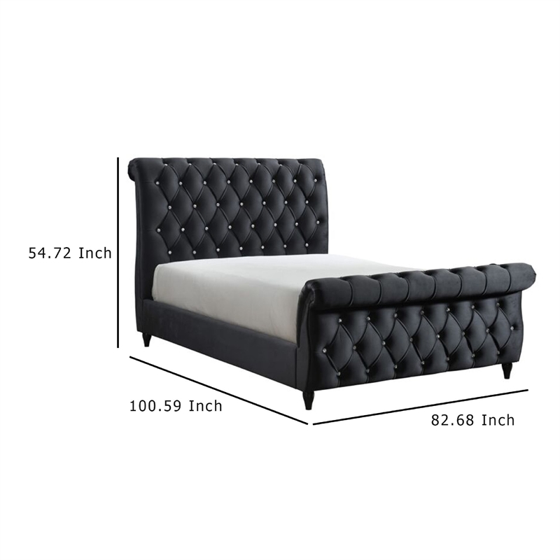 Ellowen King Size Sleigh Bed- Diamond Tufted- Black Velvet Upholstery