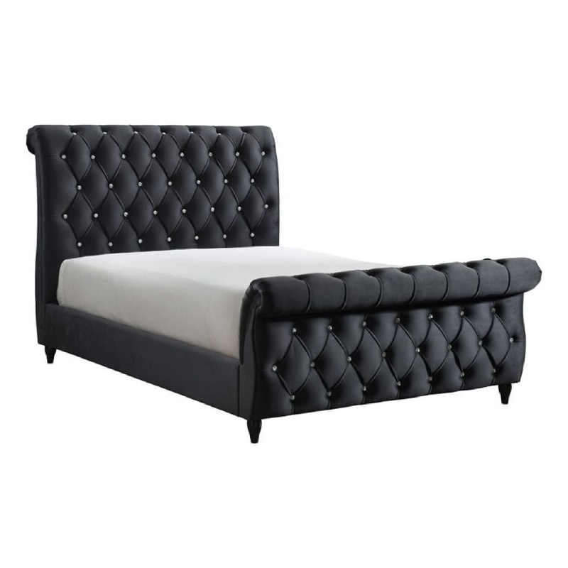 Ellowen King Size Sleigh Bed- Diamond Tufted- Black Velvet Upholstery