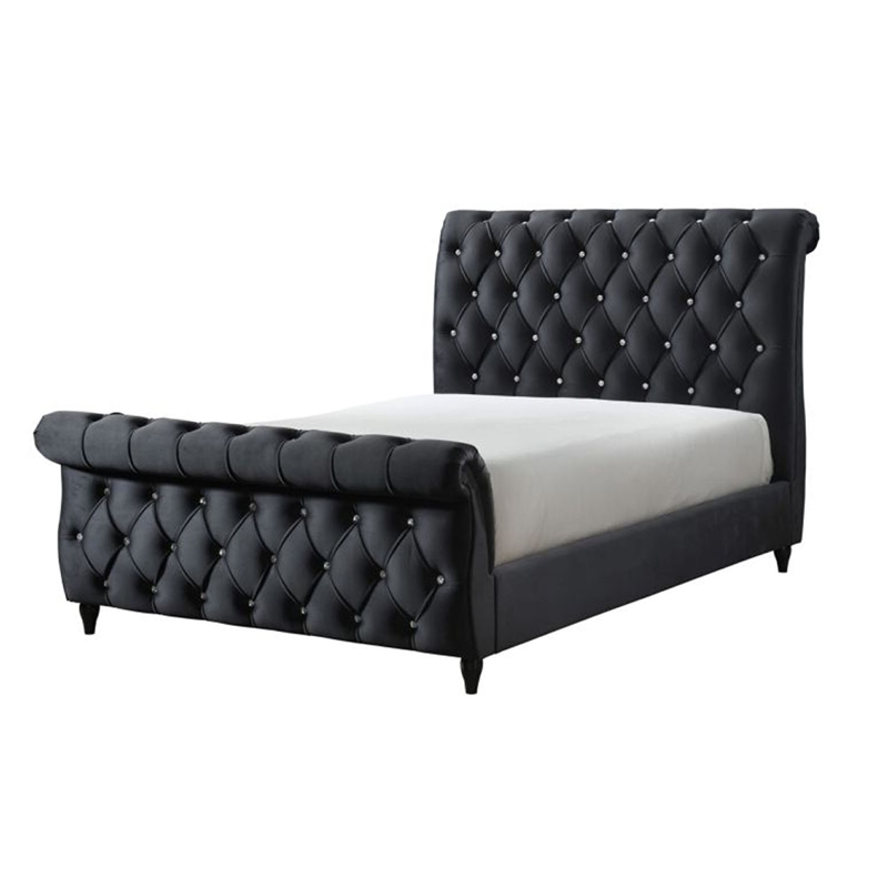 Ellowen Queen Size Sleigh Bed- Diamond Tufted- Black Velvet Upholstery