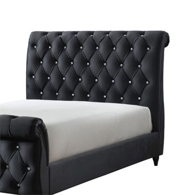 Ellowen Queen Size Sleigh Bed- Diamond Tufted- Black Velvet Upholstery