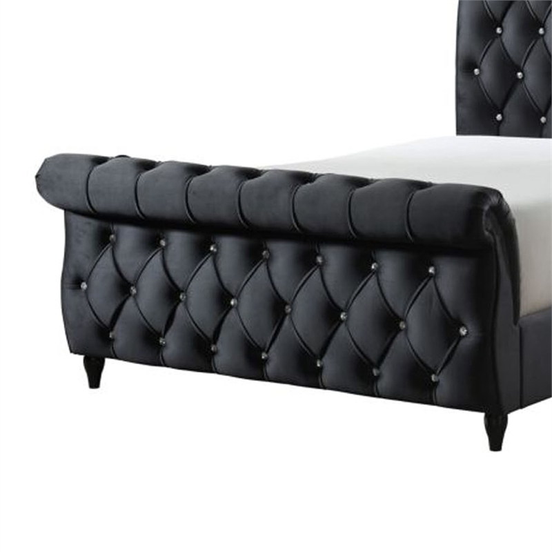 Ellowen Queen Size Sleigh Bed- Diamond Tufted- Black Velvet Upholstery