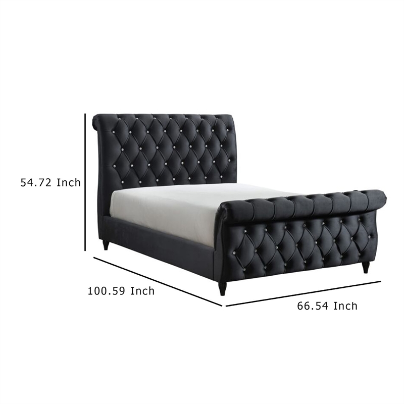 Ellowen Queen Size Sleigh Bed- Diamond Tufted- Black Velvet Upholstery