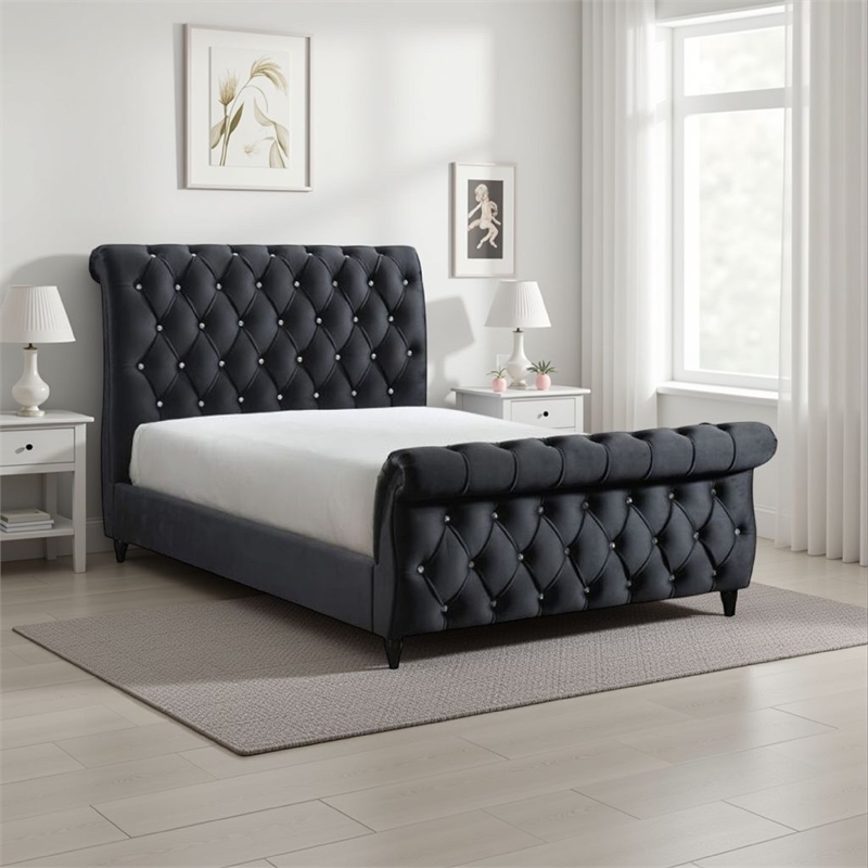 Ellowen Queen Size Sleigh Bed- Diamond Tufted- Black Velvet Upholstery