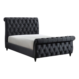 Ellowen Queen Size Sleigh Bed- Diamond Tufted- Black Velvet Upholstery