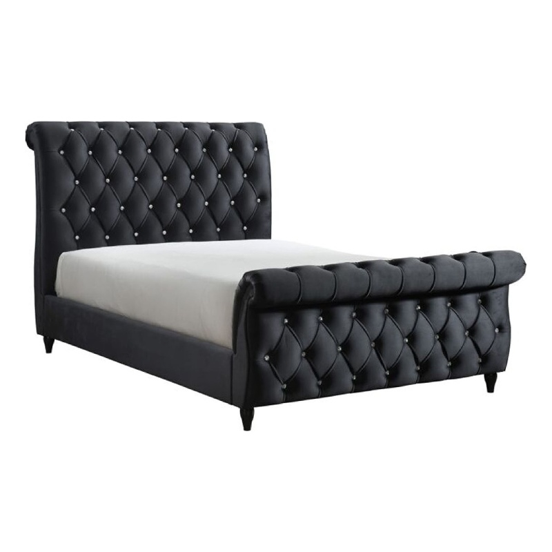 Ellowen Queen Size Sleigh Bed- Diamond Tufted- Black Velvet Upholstery