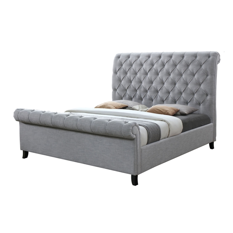 Magnolia King Bed- Gray Upholstery- Diamond Tufted Scrolled Design