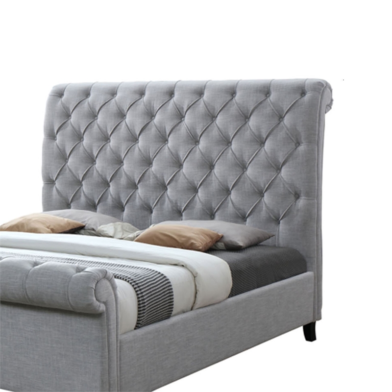 Magnolia King Bed- Gray Upholstery- Diamond Tufted Scrolled Design