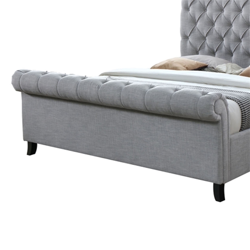 Magnolia King Bed- Gray Upholstery- Diamond Tufted Scrolled Design