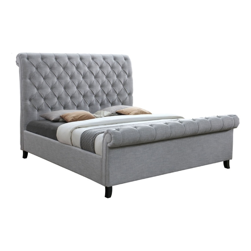Magnolia King Bed- Gray Upholstery- Diamond Tufted Scrolled Design