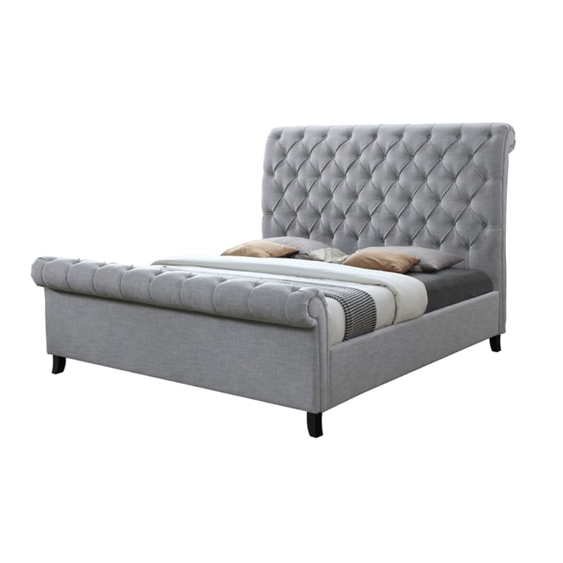 Magnolia Queen Bed- Gray Upholstery- Diamond Tufted Scrolled Design