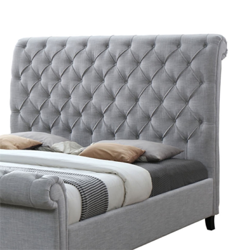 Magnolia Queen Bed- Gray Upholstery- Diamond Tufted Scrolled Design