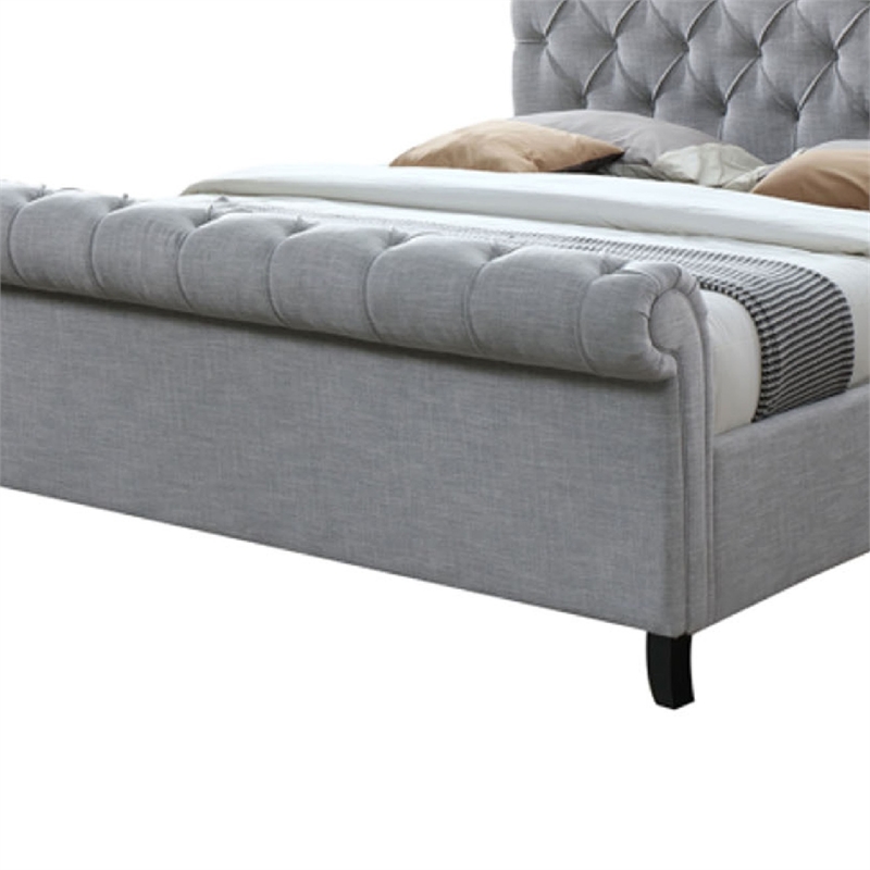 Magnolia Queen Bed- Gray Upholstery- Diamond Tufted Scrolled Design