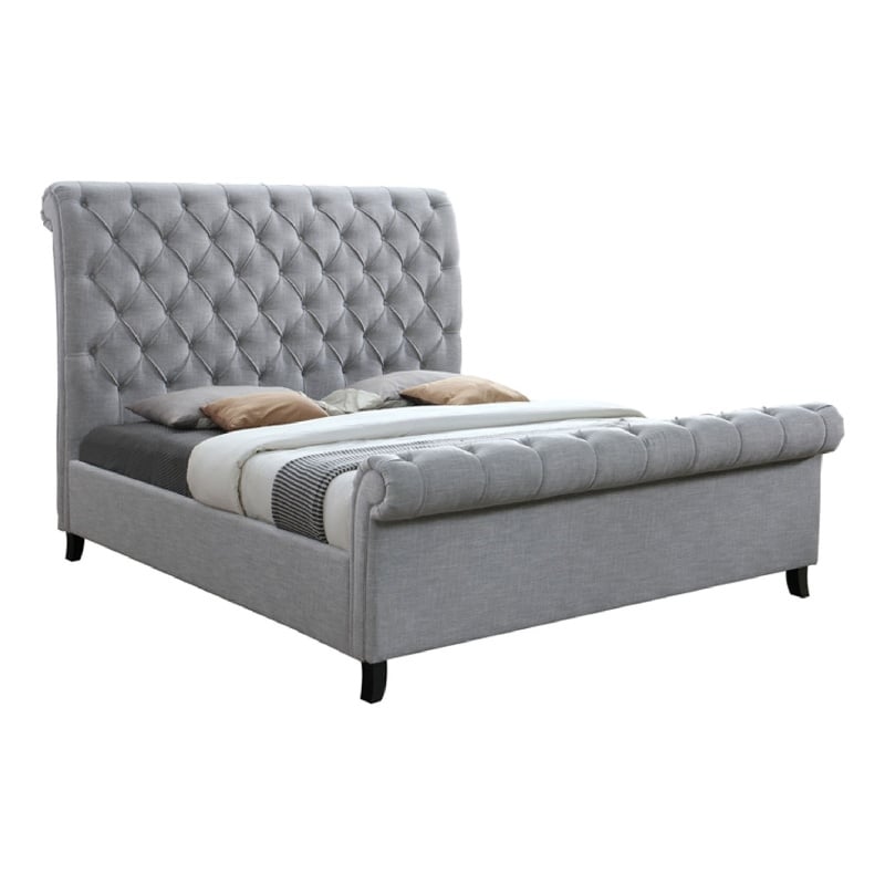 Magnolia Queen Bed- Gray Upholstery- Diamond Tufted Scrolled Design