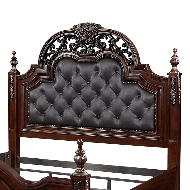 Amio Queen Bed- Button Tufted Faux Leather Headboard- Cherry Brown Wood