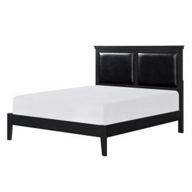 Brite Queen Size Bed- Black Faux Leather Upholstered Headboard- Low Profile