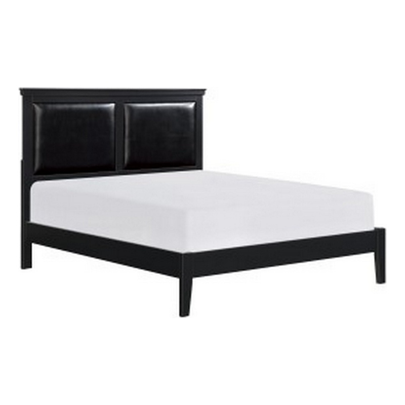 Brite Queen Size Bed- Black Faux Leather Upholstered Headboard- Low Profile