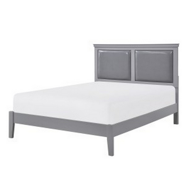 Brite Queen Size Bed- Gray Faux Leather Upholstered Headboard- Low Profile