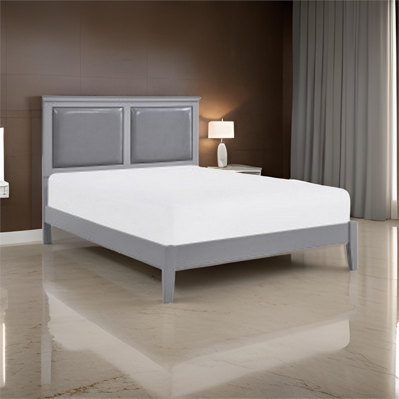 Brite Queen Size Bed- Gray Faux Leather Upholstered Headboard- Low Profile