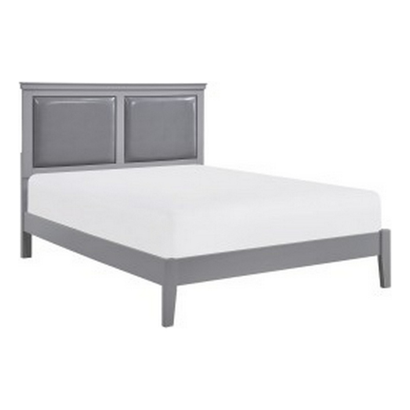 Brite Queen Size Bed- Gray Faux Leather Upholstered Headboard- Low Profile