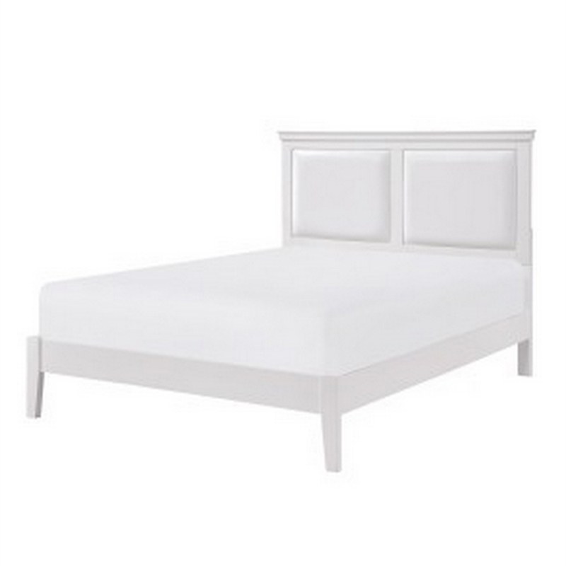 Brite Queen Size Bed- White Faux Leather Upholstered Headboard- Low Profile
