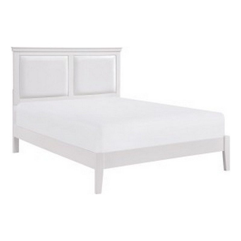 Brite Queen Size Bed- White Faux Leather Upholstered Headboard- Low Profile