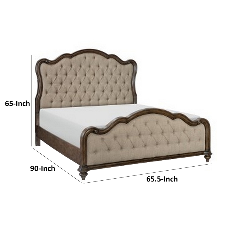 Deborah Queen Bed- Button Tufted Beige Fabric Upholstery- Brown Wood