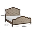 Deborah Queen Bed- Button Tufted Beige Fabric Upholstery- Brown Wood