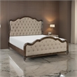 Deborah Queen Bed- Button Tufted Beige Fabric Upholstery- Brown Wood